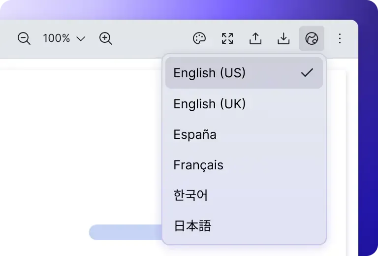 An image where users can choose different languages to navigate around Vue PDF Viewer