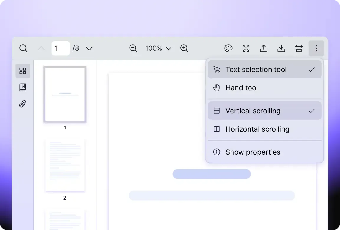 An image showing Vue PDF Viewer’s interactive tools such as text/hand mode and scrolling methods