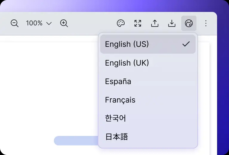 An image where users can choose different languages to navigate around Vue PDF Viewer