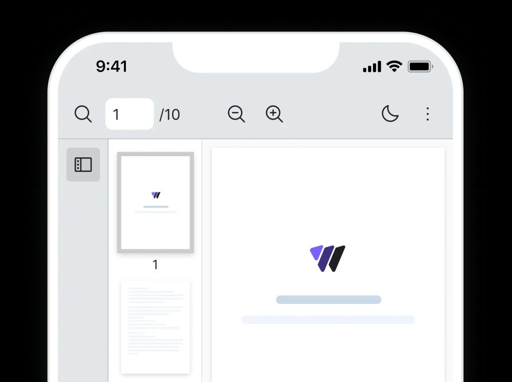 Vue PDF component rendered in mobile view with responsive toolbar and touch-friendly page navigation controls